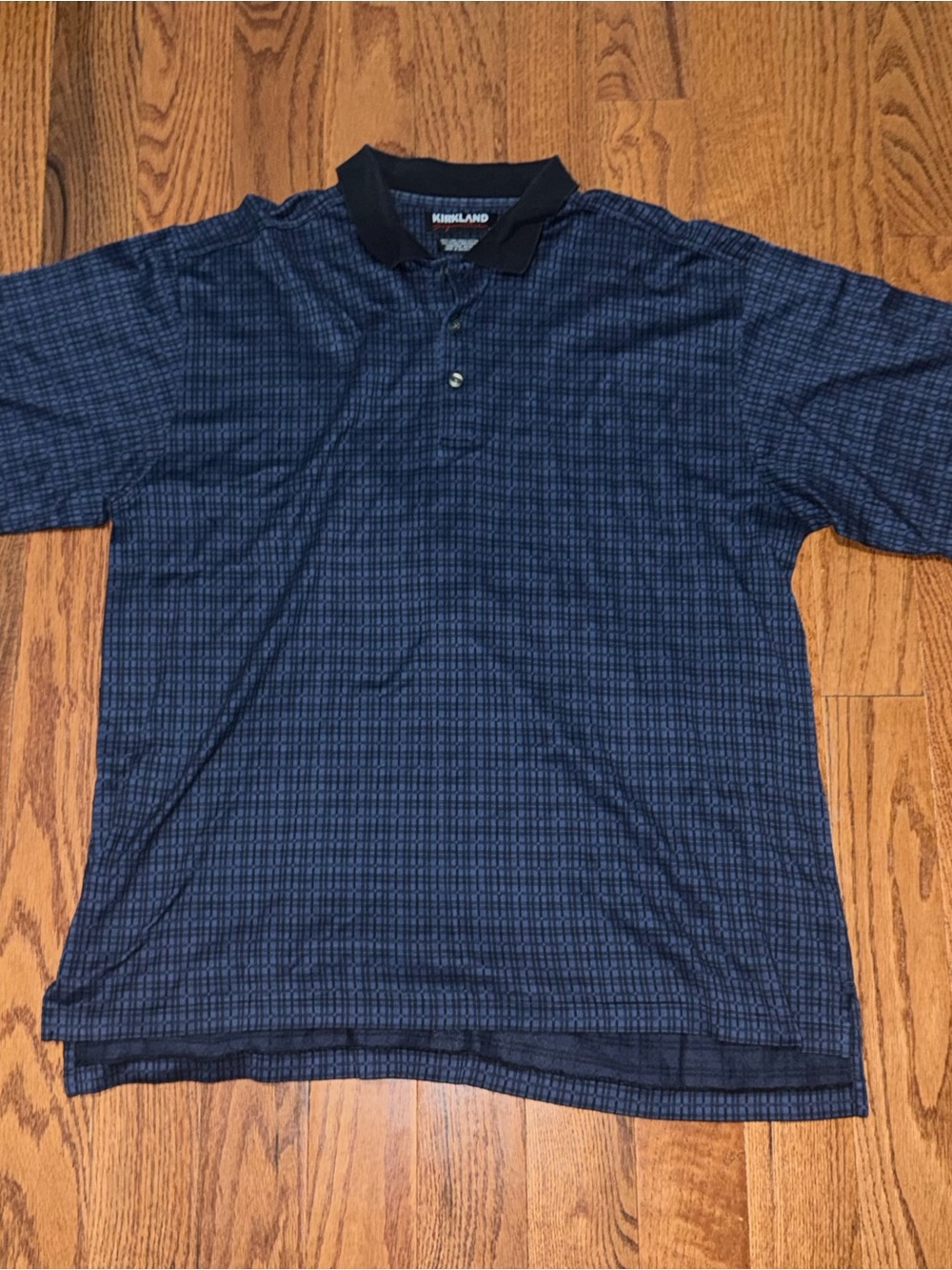 Kirkland Signature Men's Dark Navy Patterned Polo with Black Collar